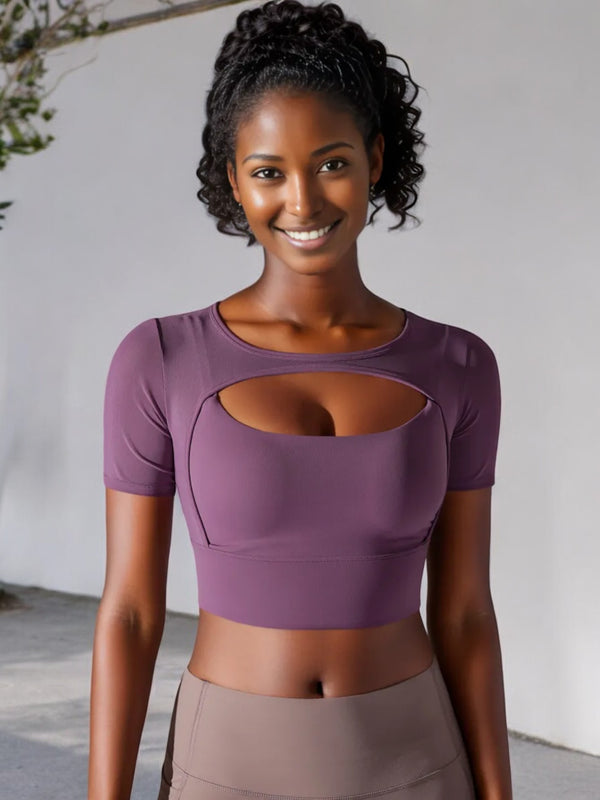 Anna Kaci Anna-Kaci Women's Short Sleeve Cut-Out Sports Crop Top With Breathable Fabric