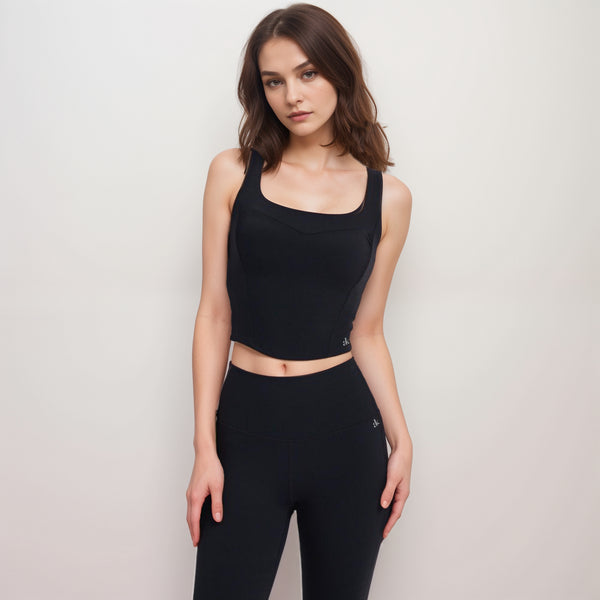 Anna Kaci Anna-Kaci Women's Square Neck Active Crop Tank Top With Contour Seams Wide Straps And Sculpting Stretch Performance Fabric