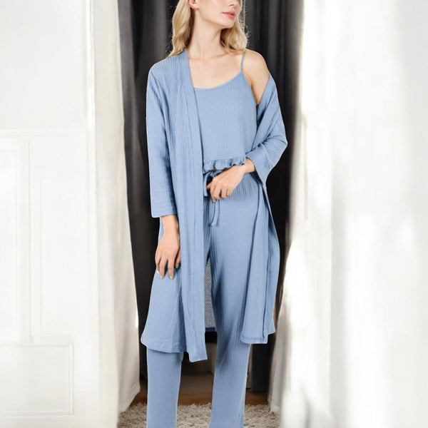 Anna Kaci Anna-Kaci Women's Three-Piece Loungewear Set With Long Cardigan Tank And Drawstring Pants