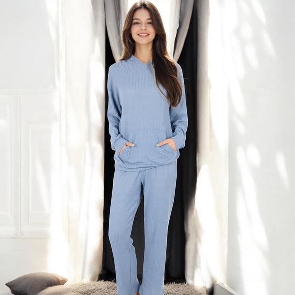 Anna Kaci Anna-Kaci Women's Waffle Knit Hoodie Lounge Set With Front Pocket And Relaxed Fit Pants