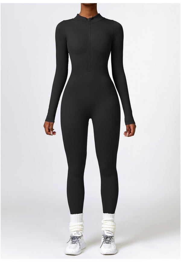 Anna Kaci Zip-Up Ribbed Knit Unitard Jumpsuit