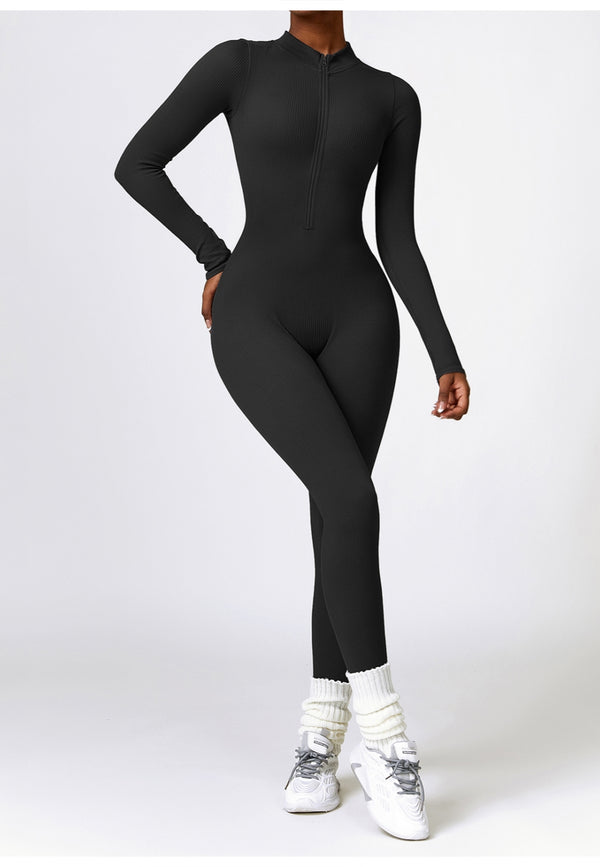 Anna Kaci Zip-Up Ribbed Knit Unitard Jumpsuit