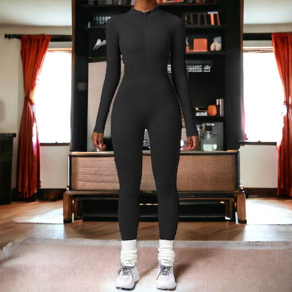 anna kaci Zip-Up Ribbed Knit Unitard Jumpsuit