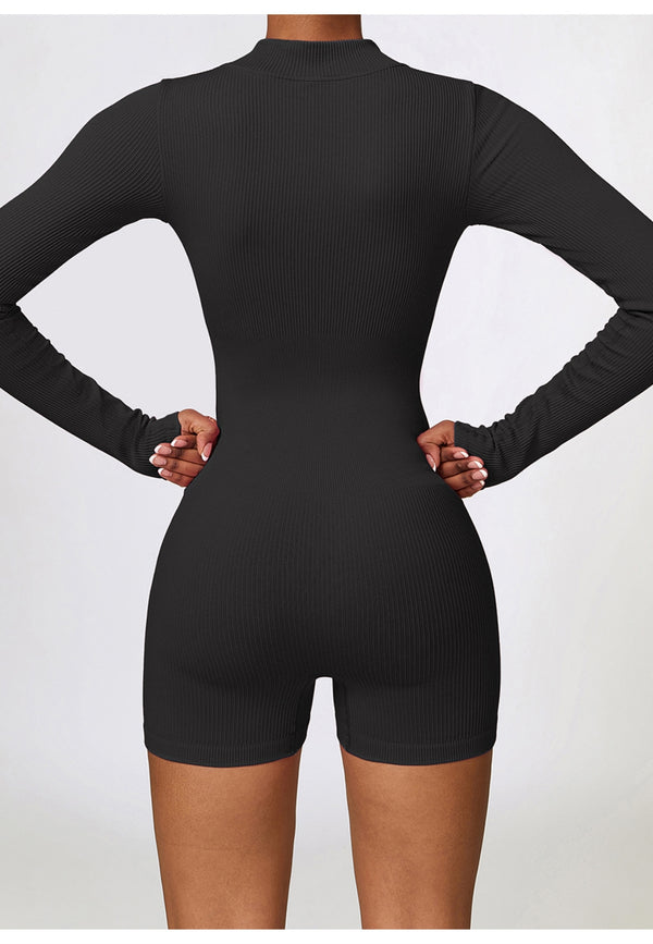 Anna Kaci Zip-Up Ribbed Knit Unitard Romper