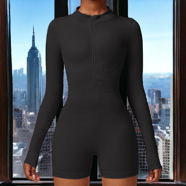 anna kaci Zip-Up Ribbed Knit Unitard Romper