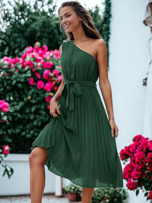 Anna Kaci Belted Pleated Skirt One Shoulder Midi Dress