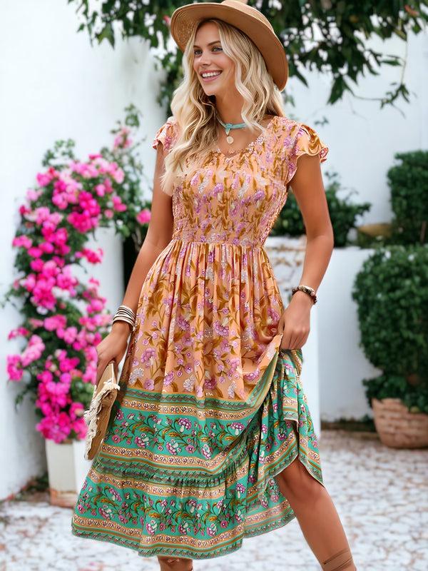 Anna Kaci Bohemian Printed V-Neck Smocked Chest Flared Midi Dress