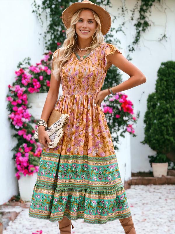 Anna Kaci Bohemian Printed V-Neck Smocked Chest Flared Midi Dress