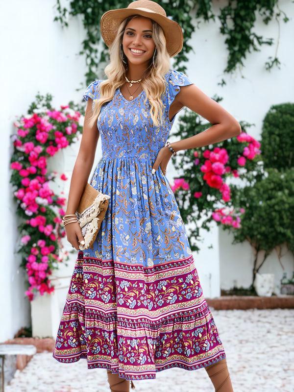 Anna Kaci Bohemian Printed V-Neck Smocked Chest Flared Midi Dress