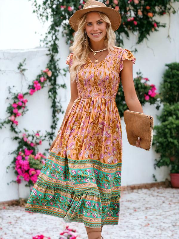 anna kaci Bohemian Printed V-Neck Smocked Chest Flared Midi Dress