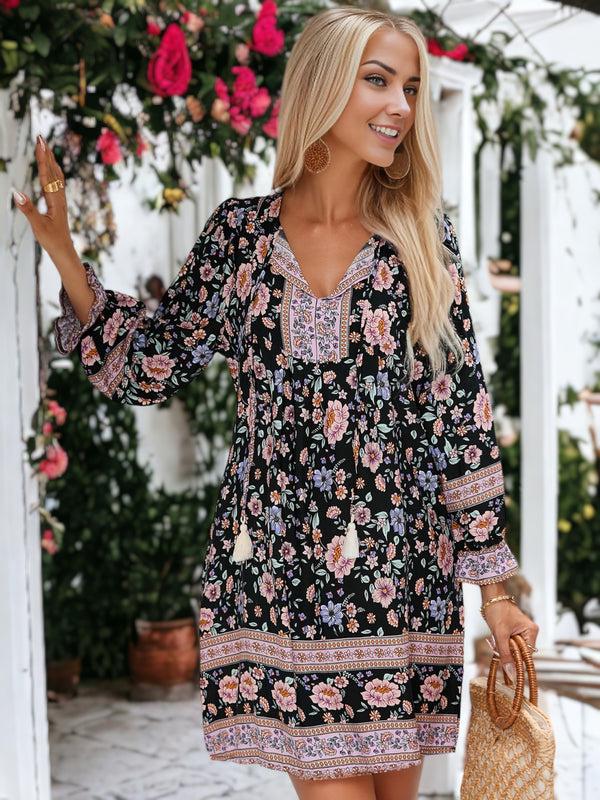 Anna Kaci Boho Paisley Floral Print Knotted V-Neck Long Sleeve Dress