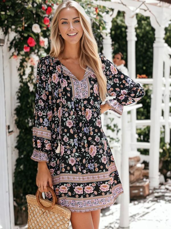 Anna Kaci Boho Paisley Floral Print Knotted V-Neck Long Sleeve Dress