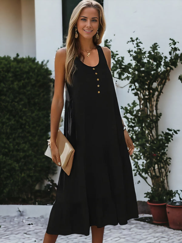 Anna Kaci Button Front A-Line Tiered Tank Midi Dress