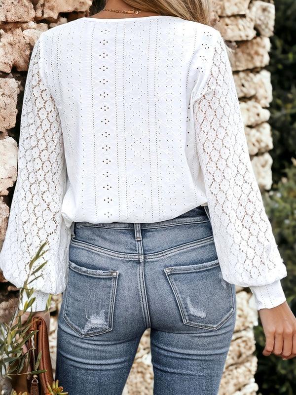 Anna Kaci Casual Lace Stitched V-Neck Long Sleeved Blouse