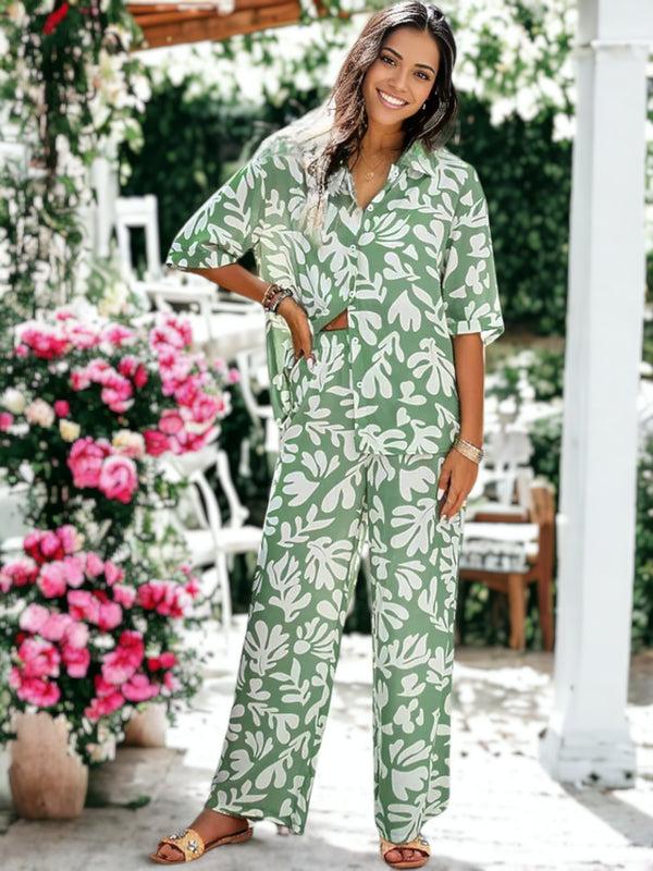 Anna Kaci Casual Printed Button Down Top And Straight Leg Bottom Set