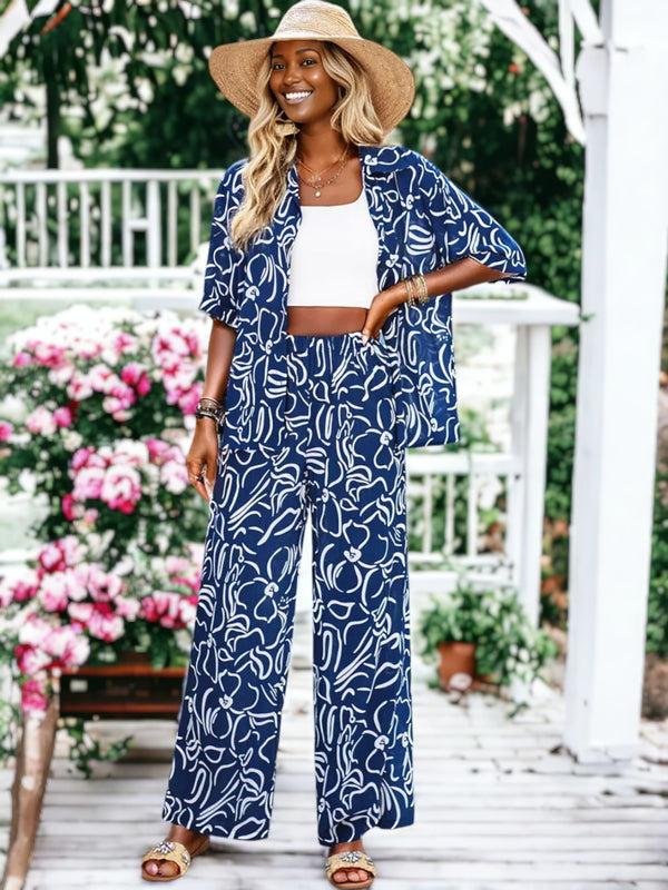 Anna Kaci Casual Printed Button Down Top And Straight Leg Bottom Set