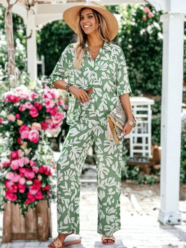 anna kaci Casual Printed Button Down Top And Straight Leg Bottom Set
