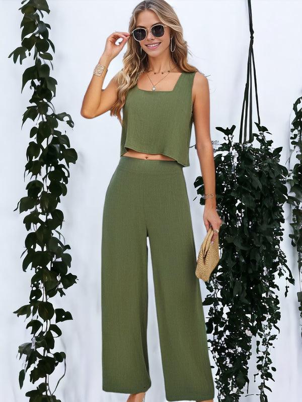 Anna Kaci Casual Sleeveless Square Neck Crop Vest And Trouser Suit