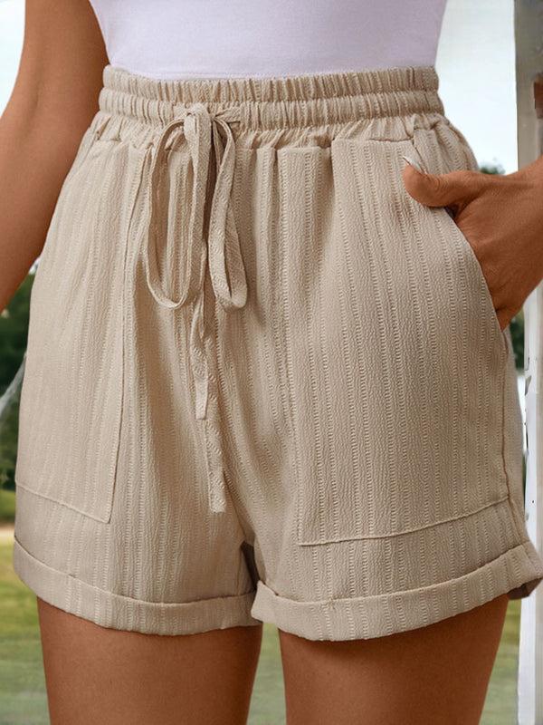 Anna Kaci Casual Textured Shorts With Tied Rolled Hem