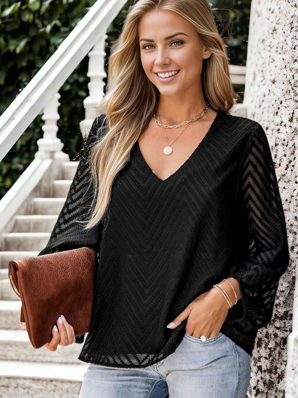 Anna Kaci Casual V-Neck Lantern Mesh Long Sleeved Blouse