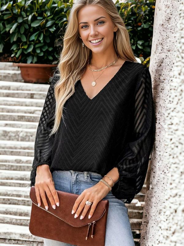 anna kaci Casual V-Neck Lantern Mesh Long Sleeved Blouse