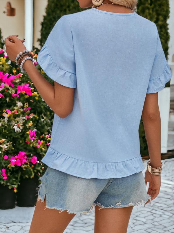 Anna Kaci Casual V-Neck Short Ruffled Sleeve Blouse For Women