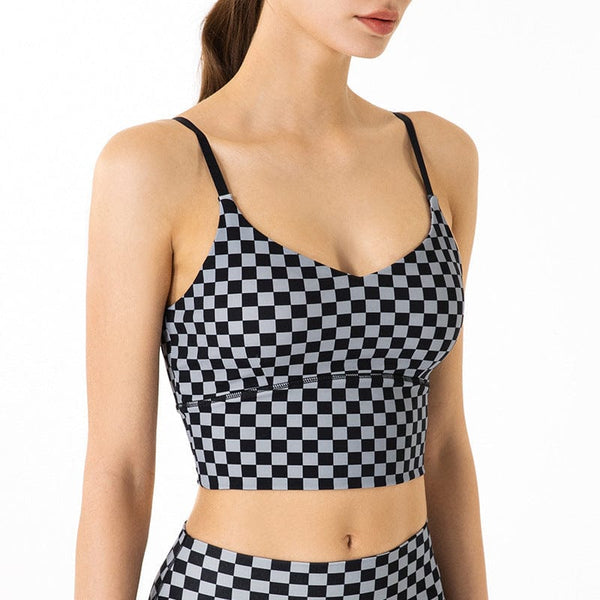 Anna Kaci Checkered Adjustable Thin Strap Longline Sports Bra