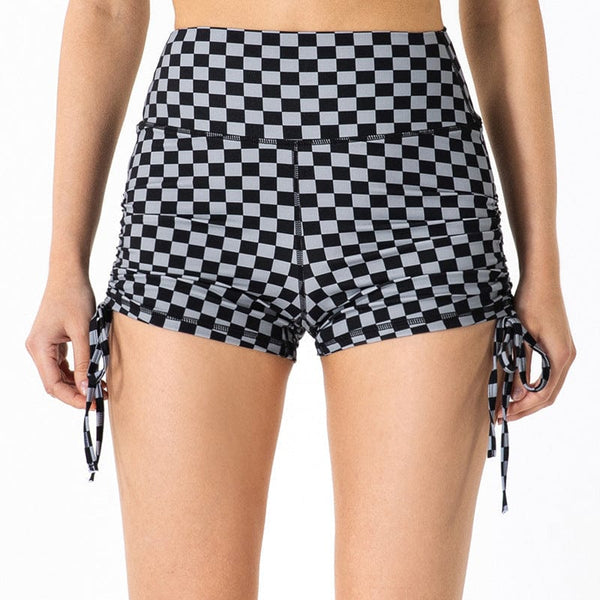 Anna Kaci Checkered High Rise Adjustable Drawstring Ruched Shorts