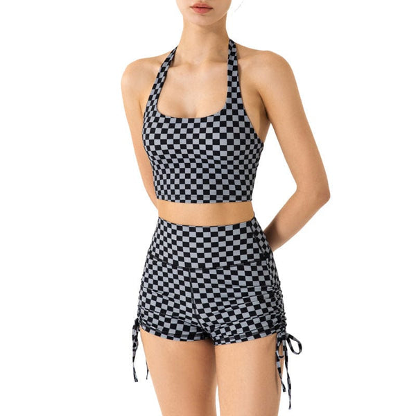 Anna Kaci Checkered High Rise Adjustable Drawstring Ruched Shorts