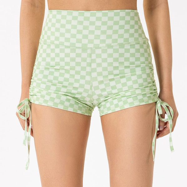 anna kaci Checkered High Rise Adjustable Drawstring Ruched Shorts