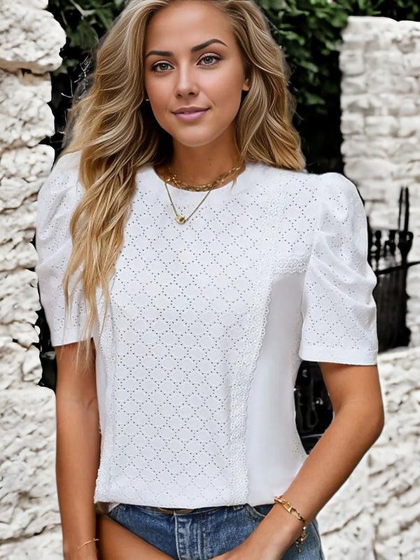 Anna Kaci Classy Puff Sleeve Eyelet Embroidered T-Shirt