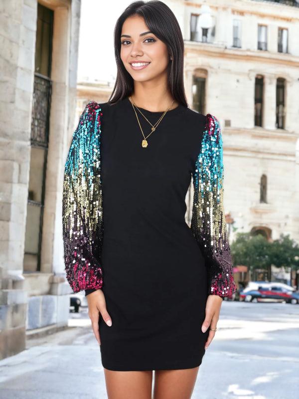 Anna Kaci Confetti Sequin Bishop Long Sleeve Round Neck Pullover Dress