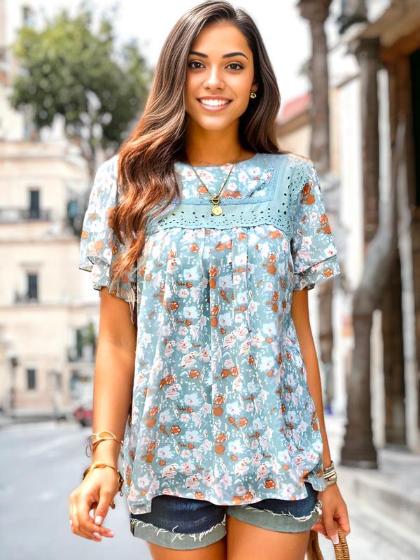 Anna Kaci Contrast Lace Trim Mock Neck Printed Blouse