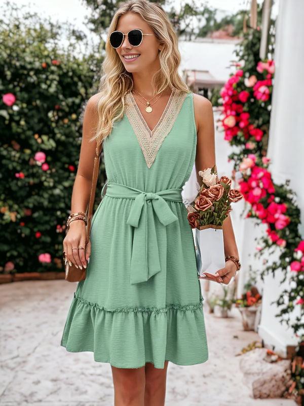 Anna Kaci Crochet V-Neck Sleeveless Tie Waist Belted Ruffle Dress