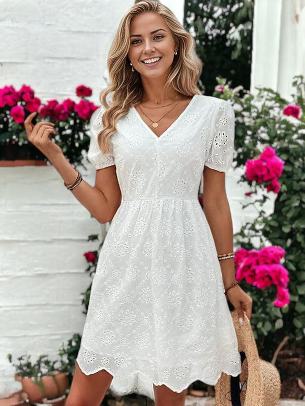 anna kaci Embroidery Eyelet Puff Sleeve A-Line Sundress