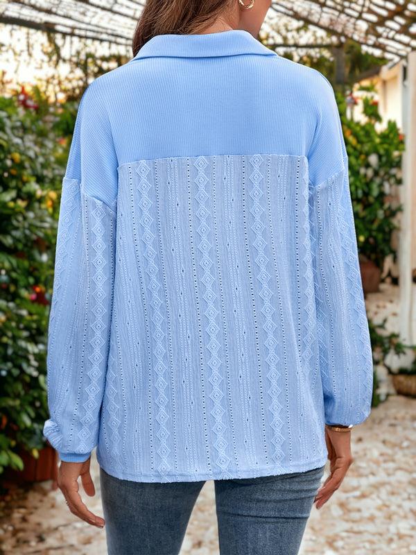 Anna Kaci Eyelet Detail Textured Collar Neck Ribbed Pullover