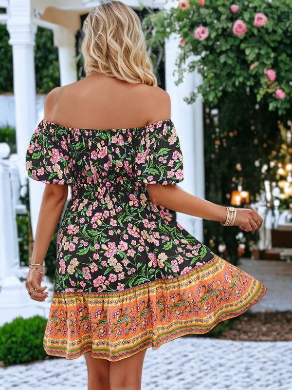 Anna Kaci Floral Bohemian Printed Off Puffed Shoulder Flared Dress