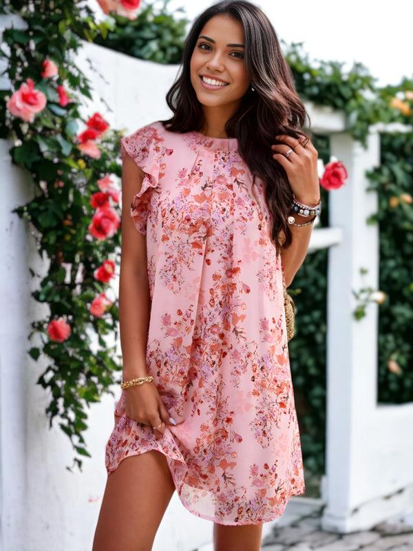 anna kaci Floral Print Ruffle Cap Sleeve Pleated Neck Tunic Dress