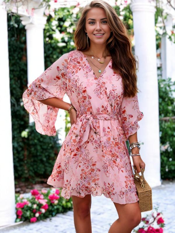 Anna Kaci Floral Printed Flared Ruffle Sleeve V-Neck Belted Dress