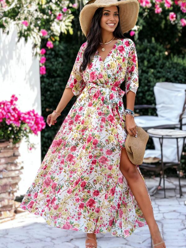 Anna Kaci Floral Printed Midi Puffed Sleeve Wrap V-Neck Maxi Dress