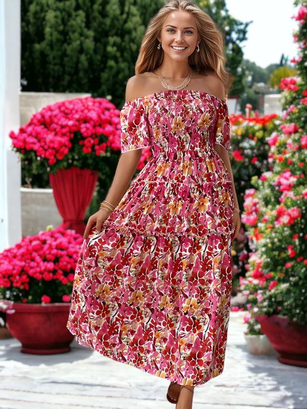 Anna Kaci Floral Printed Off Shoulder Long Ruffle Dress