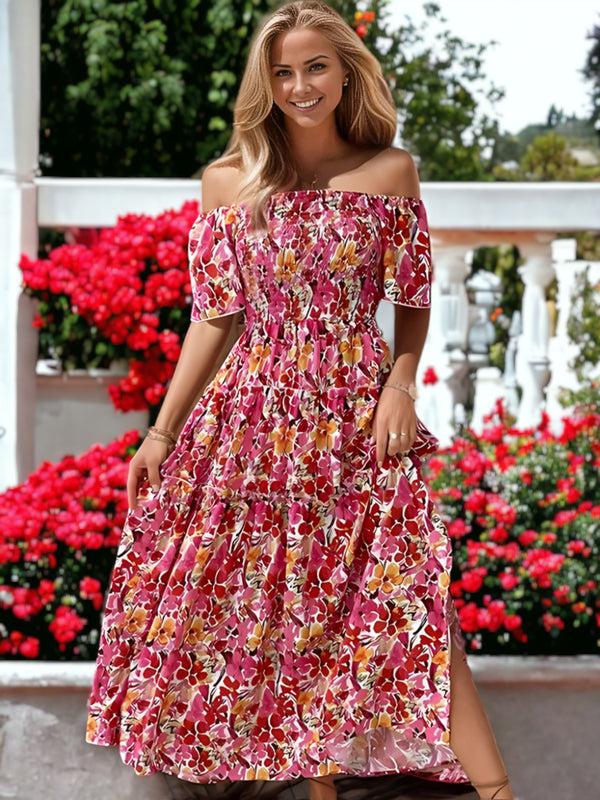 anna kaci Floral Printed Off Shoulder Long Ruffle Dress