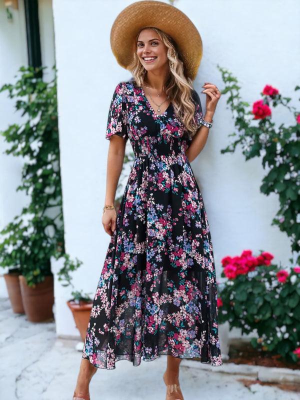 Anna Kaci Floral Printed Short Sleeve Maxi Smocked Dress