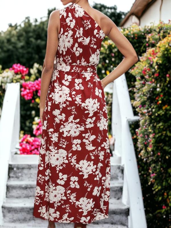 Anna Kaci Floral Printed Single Shoulder Waist Buckle Belt Maxi Dress