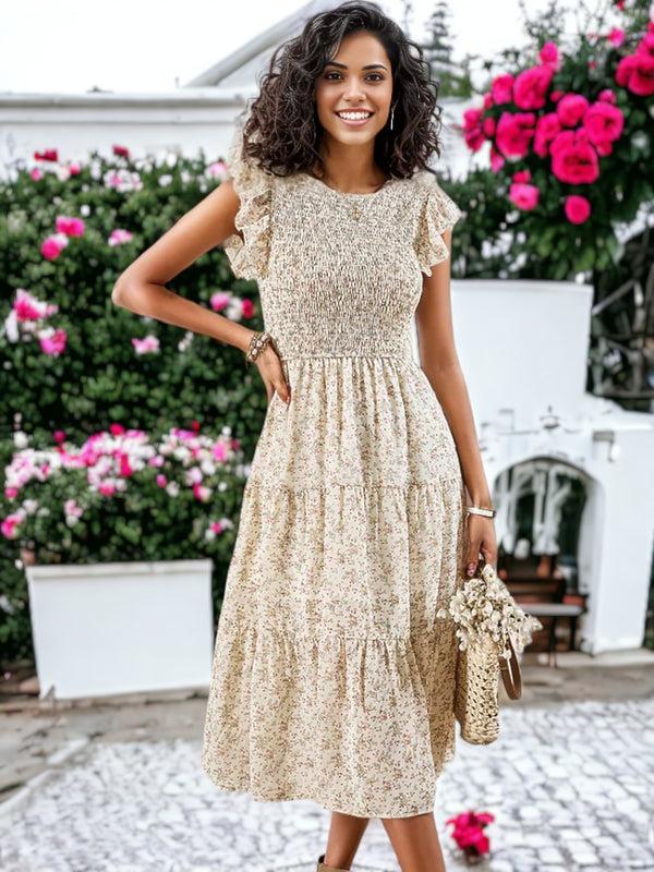 anna kaci Flower Printed Smocked Check Ruffle Cap Sleeve Gathered Midi Dress