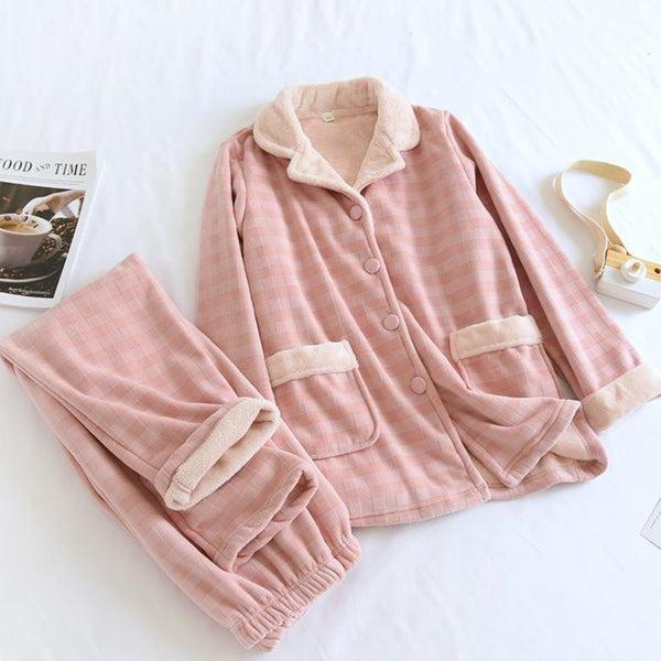 Anna Kaci Fur-Lined Gingham Print Pajama Coordinates