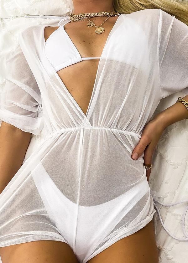 anna kaci Halter Triangle String Bikini & Sheer Cover-Up Romper Three-Piece Set - White