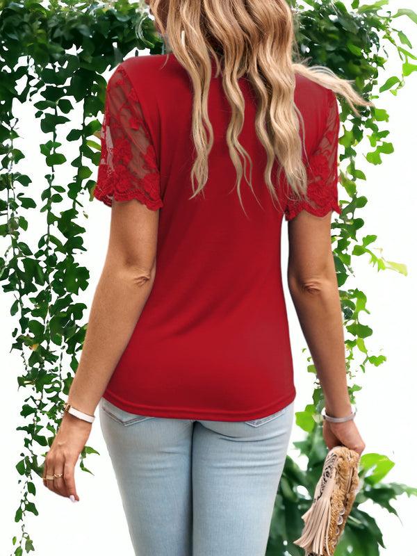 Anna Kaci Lace Detailed Short Sleeved Crew Neck T-Shirt