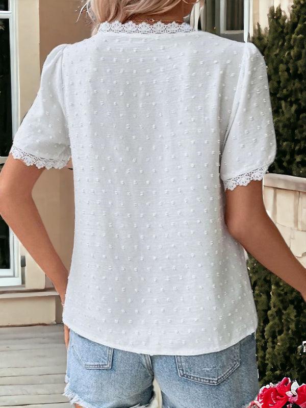 Anna Kaci Lace Detailed V-Neck Short Sleeved Blouse