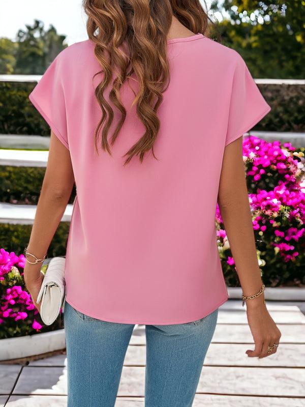 Anna Kaci Lace Detailed V-Neck Short Sleeved Blouse